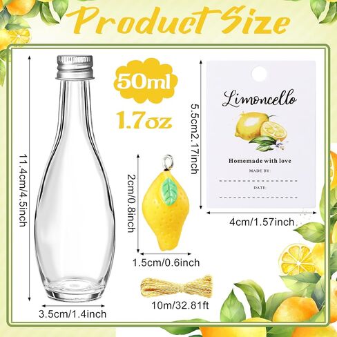 LemonRoad 24 Sets 1.7 oz Limoncello Glass Bottles, Empty Small Clear Liquor Bottles with Tags, Mini Resin Lemon Charms, Rope for Homemade Limoncello Brewing Beverages Gifts (Silver,Retro Style) in Saudi Arabia