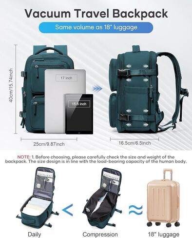 حقيبة ظهر Vacpack مع حقيبة ظهر بختم مفرغ، حقائب ظهر للسفر مع مضخة، حقائب ظهر للسفر، حقيبة ضغط للرجال، تحمل على حقيبة الطيران المعتمدة للنساء في عطلة نهاية الأسبوع والمشي لمسافات طويلة، حقيبة نهارية للعمل باللون الأزرق الطاووس in Kuwait