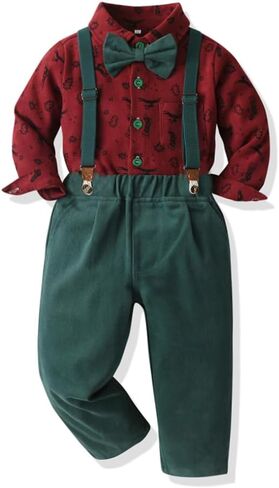 Baby Boy Christmas Outfit Toddlers Xmas 4PCS Bow-tie Shirt and Suspender Pants Gentleman Set in Saudi Arabia