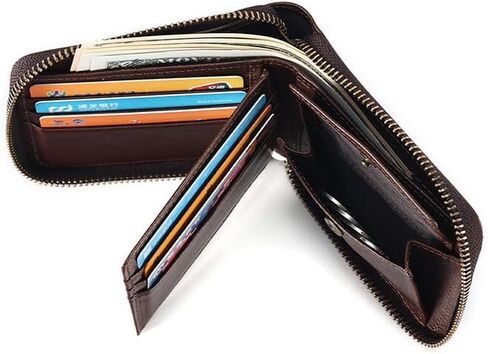 Genuine Leather Bifold Wallet for Men, Elegant Zip Around Design with RFID Blocking (Brown) in Saudi Arabia