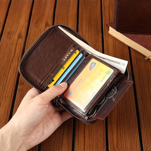 Genuine Leather Bifold Wallet for Men, Elegant Zip Around Design with RFID Blocking (Brown) in Saudi Arabia