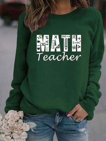 سويت شيرت نسائي من Math Teacher بلوفر برقبة دائرية مطبوع عليه حروف للمعلمين قميص طويل الأكمام كاجوال in Kuwait
