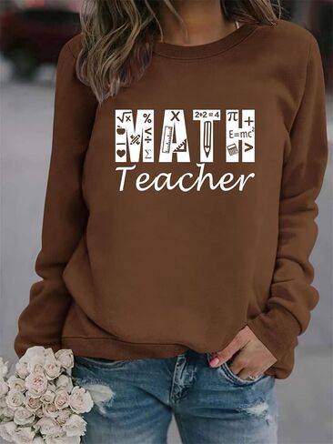 سويت شيرت نسائي من Math Teacher بلوفر برقبة دائرية مطبوع عليه حروف للمعلمين قميص طويل الأكمام كاجوال in Kuwait