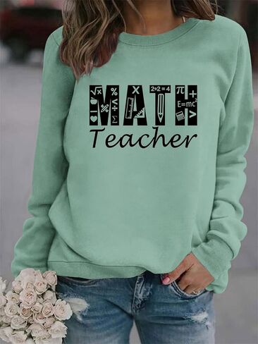 سويت شيرت نسائي من Math Teacher بلوفر برقبة دائرية مطبوع عليه حروف للمعلمين قميص طويل الأكمام كاجوال in Kuwait