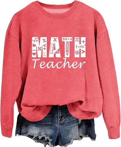 سويت شيرت نسائي من Math Teacher بلوفر برقبة دائرية مطبوع عليه حروف للمعلمين قميص طويل الأكمام كاجوال in Kuwait