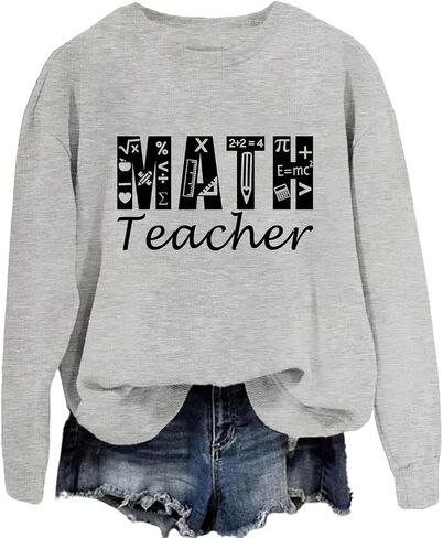 سويت شيرت نسائي من Math Teacher بلوفر برقبة دائرية مطبوع عليه حروف للمعلمين قميص طويل الأكمام كاجوال in Kuwait