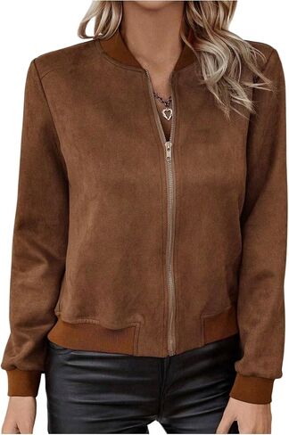 Verdusa Women's Zip Up Lightweight Bomber Jackets Streetwear Faux Suede Long Sleeve Short Outerwear in Saudi Arabia