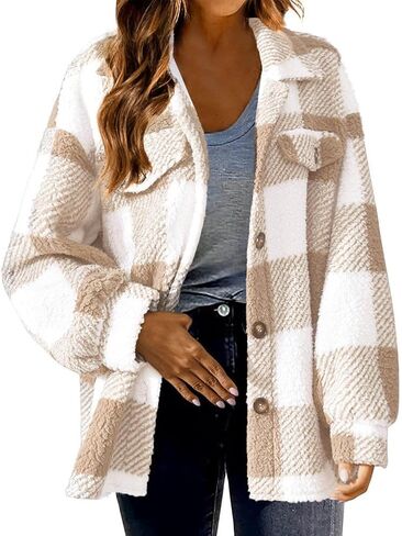 Sherpa Jacket Women Long Sleeve Button Down Fuzzy Fleece Plaid Jackets Fall Fashion Shacket Winter Shearling Coat in Saudi Arabia