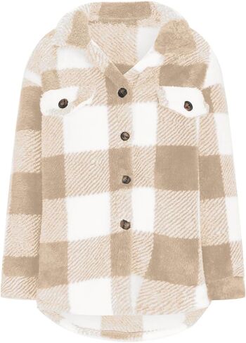Sherpa Jacket Women Long Sleeve Button Down Fuzzy Fleece Plaid Jackets Fall Fashion Shacket Winter Shearling Coat in Saudi Arabia