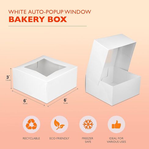 Fit Meal Prep 25 Pack Bakery Boxes with Window 6x6x3 Auto-Popup Cookie Box Cardboard Packaging for Cupcakes, Cakes and Pastry, Treat Box Charcuterie Box for Valentine's Day, Christmas, White in Saudi Arabia