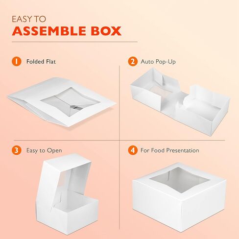 Fit Meal Prep 25 Pack Bakery Boxes with Window 6x6x3 Auto-Popup Cookie Box Cardboard Packaging for Cupcakes, Cakes and Pastry, Treat Box Charcuterie Box for Valentine's Day, Christmas, White in Saudi Arabia