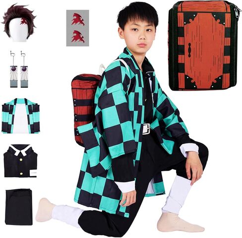 Full Set Kids Anime Tanjiro Cosplay Costume Halloween Kimono Uniform Outfit With Backpack Bag Earrings Wig in Saudi Arabia