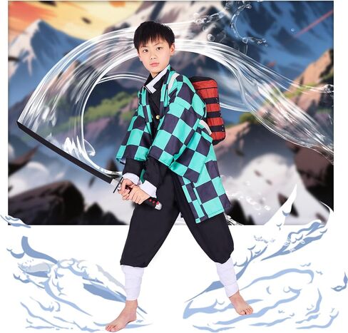 Full Set Kids Anime Tanjiro Cosplay Costume Halloween Kimono Uniform Outfit With Backpack Bag Earrings Wig in Saudi Arabia