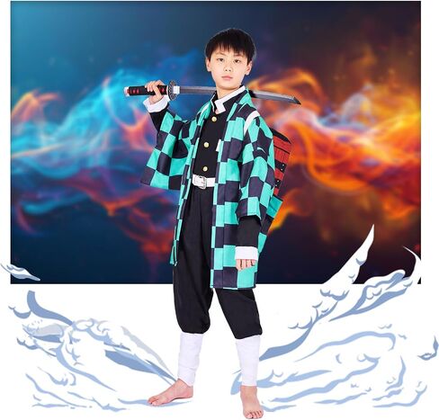 Full Set Kids Anime Tanjiro Cosplay Costume Halloween Kimono Uniform Outfit With Backpack Bag Earrings Wig in Saudi Arabia