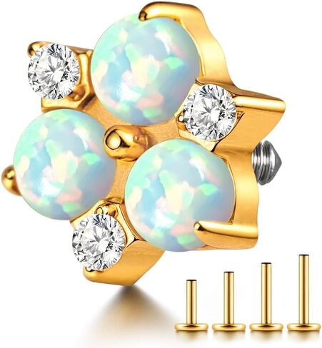 1PC ASTM F136 Titanium Threaded(0.9mm internal) Cute Opal CZ Tops Piercing studs for Conch,Tragus,Helix,Lobe Come With 4PCS Different Lengths Post 16G 18G Flatback earring nose Jewelry Gold Silver in Saudi Arabia