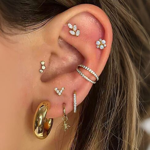 1PC ASTM F136 Titanium Threaded(0.9mm internal) Cute Opal CZ Tops Piercing studs for Conch,Tragus,Helix,Lobe Come With 4PCS Different Lengths Post 16G 18G Flatback earring nose Jewelry Gold Silver in Saudi Arabia