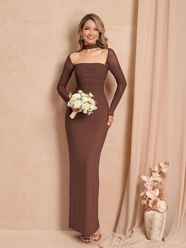 KUTUMAI الخريف كم طويل مشد الرسن فساتين الزفاف الرسمية للضيوف للنساء أنيقة Bodycon Ruched الشق ماكسي فستان in Kuwait
