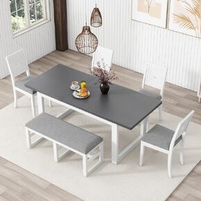 Voohek 6-Piece Modern Dining Table Set with 4 Upholstered Chairs and Long Bench, Kitchen Furniture w/ 18'' Butterfly Leaf, Multi-Dimensional Geometric Pattern & Plush Cushioned Seats, White+Gray in Kuwait