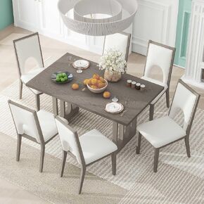 Voohek 7-Piece Farmhouse Dining Table Set with 6 Upholstered Chairs, Comfortable Seat Cushion and High Backrest, Kitchen Furniture w/Special U-Shape Design & Tapered Legs, Gray, Grey+Beige in Kuwait