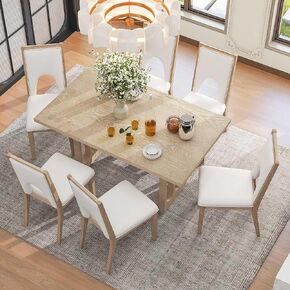 Voohek, Natural Wood Wash 7-Piece Farmhouse Dining Table Set with 6 Upholstered Chairs, Comfortable Seat Cushion and High Backrest, Kitchen Furniture w/Special U-Shape Design & Tapered Legs in Kuwait