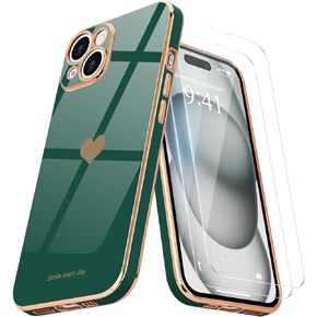 Teageo for iPhone 16 Case with Screen Protector [2 Pack] for Girl Women Cute Girly Love-Heart Luxury Gold Soft Cover Camera Protection Silicone Shockproof Phone Case for iPhone 16 Case, Desert Gold
