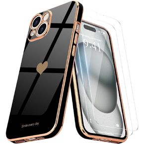 حافظة Teageo لهاتف iPhone 15 Pro مع واقي شاشة [عبوة من قطعتين] حافظة هاتف للفتيات والنساء اللطيفة على شكل قلب فاخر ذهبي ناعم لحماية الكاميرا من السيليكون المقاوم للصدمات لهاتف iPhone 15 Pro، أسود