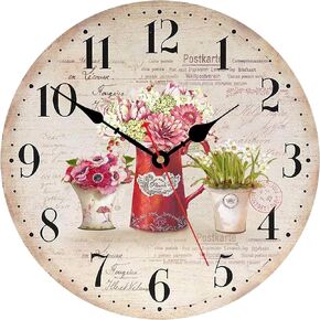 TAHEAT 14 Inch Colorful Flowers Wall Clock, Wooden Rustic Country Clocks, Decorative Accurate Easy to Read Wall Clock for Living Room/Bedroom/Bathroom/Kitchen Decor