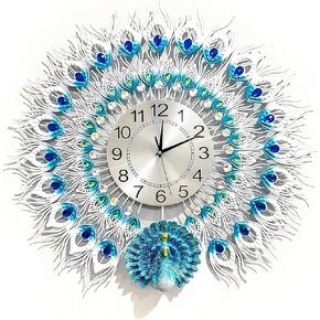 Large Peacock Wall Clock 23.7 inch Metal Design Non-Ticking Silent Art Digital Wall Clocks for Living Room Decor (Blue,23.7inch)