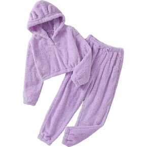 SOLY HUX Girl's Bear Ear Fuzzy Drop Shoulder Hoodie Sweatshirt with Sweatpants Two Piece Outfit