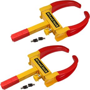 wheel lock Universal Security Trailer Wheel Locks Tire Anti Theft Adjustable 7" to 11" Tire Width A Heavy Duty Lock for Trailers Car SUV Boat Motorcycle Golf Cart Red/Yellow Color with 4 Keys 2 Packs