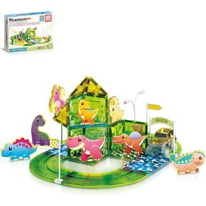 PicassoTiles Dinosaur Magnet Tile Race Car Track with 8 Magnetized Action Figures 2 Cars Accessory Street Sign Kit Magnetic Tiles Construction Building Block Pretend Play Education Toy Ages 3+ PTR02