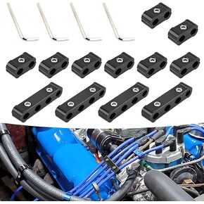 Pack-12 Metal Four-hole Vehicle Divider, Car Engine Spark Plug Wire Separator Kit, Metal Four-Hole Vehicle Divider, Universal Two-hole Automotive Accessories with Installation Tools (Black)