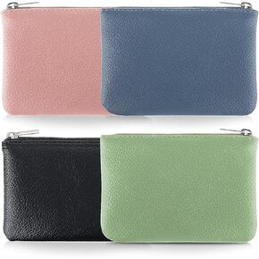 4pcs Set Leather Zipper Coin Purse, PU Lychee Pattern Coin Purse Portable Change Wallet Mini Coin Pocket Pouch Change Holder for Men & Women Credit Card ID Key Headset Lipstick