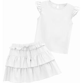 Girls Two Piece Summer Outfits Flutter Sleeve Top and Tiered Ruffle Skirts Set