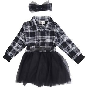 Kids Clothes Set - Plaid Long Sleeve Shirt + Skirt Set + With Headband,for kids Girl 3-9 Years Old Dress set