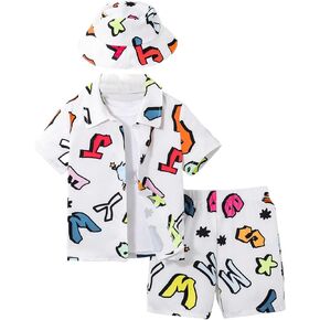 Verdusa Boy's 3 Piece Casual Sets Button Up Shirt and Shorts with Bucket Hat