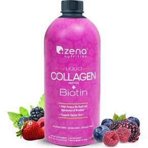 Zena Liquid Collagen for Women & Men, Collagen Peptides + Biotin 5000mcg, Verisol Collagen 2500mg, Sugar & Gluten Free, Berry, 60 Servings, 20.3 FL Oz