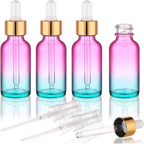4 pack 1 oz Glass Dropper Bottle with Extra 2 Spray Nozzles 30ml Rainbow Colored Thick Glass Tincture Bottles Leakproof Travel Essential Oils Bottles (1 OZ)