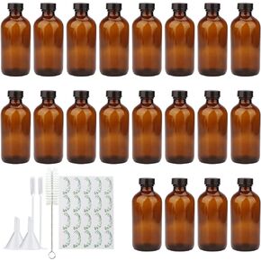 8oz Amber Glass Bottles, 20 Pack Glass Storage Bottles with Black Lids (Brown, 20 Labels, with Funnels, Droppers and Brush)