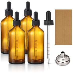 4 Pack, 100ml Amber Glass Dropper Bottles Plus 2pcs Graduated Calibrated Glass Pipettes (1ml)- 3.4oz Dark Brown Tincture Bottles with Eye Droppers for Essential Oils, Liquids - Leakproof Travel Bottle