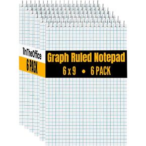 1InTheOffice Graph Paper Notepad 6" x 9", Quad Ruled Spiral Note Pad 6x9, White, 80 Sheets/Pad, 6 Pads/Pack