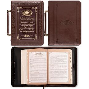Christian Art Gifts Classic Bible & Book Cover for Men & Women: The Lord's Prayer - Matthew 6:9-13 Inspirational Scripture Carry Case Accessory with Pockets, Walnut Brown & Burgundy with Gold, Medium