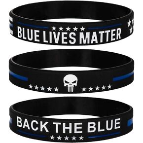 Sainstone Police Blue Lives Matter Thin Blue Line American Flag Bracelets with Skull - Back The Blue Silicone Rubber Wristband Band Set- Support Law Enforcement Gifts for Police Cops