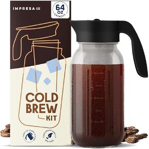 IMPRESA 64 oz Cold Brew Mason Jar Coffee Maker w/Wide Mouth Cold Brew Coffee Pitcher, Lid, Bonus Gasket & Cold Brew Filter for Mason Jar - Glass Mason Jar - 64 oz Mason Jar Tea Infuser