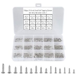 750pcs Silver Tiny Screws for Electronics, M1, M1.2, M1.4, M1.5, M1.7 Very Small Phillips Pan Head Self Tapping Screws, Micro Wood Screws, Mini Electronic Screws Assortment Kit-Carbon Steel