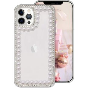 Guppy متوافق مع iPhone 13 Pro Max Bling Diamond Pearl Case للنساء الفتيات الفاخرة اللامعة المصنوعة يدويًا بأحجار الراين الناعمة والمرنة والمطاطية اللامعة غطاء واقٍ شفاف 6.7 بوصة in Kuwait