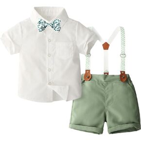 BULINGNA Toddler Baby Boy Gentleman Outfits Short Sleeve Dress Shirt with Bowtie + Suspender Shorts Summer Suits Set 1-5T