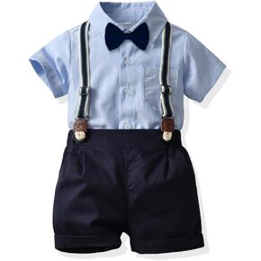 Baby Boys Gentleman Outfit Suit Sets, Toddler Fashion Short Shirt with Bowtie Infant Summer Suspender Shorts Sets