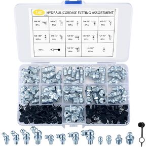 Grease Fitting Assortment, 70pcs Grease Fittings Kit, Hydraulic Grease Zerk Fitting, 1/4" 1/8" M6 M8 Straight 90 Degree 45 Degree Angled Zerk Grease Fittings for Angled Grease Guns
