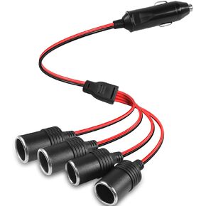 1 to 4 Car Cigarette Lighter 12v 24v Power Charger Adapter 4 Way Socket Car Cigarette Lighter Splitter Extension Cable 13AWG with 20A Fuse- 1FT/0.3M